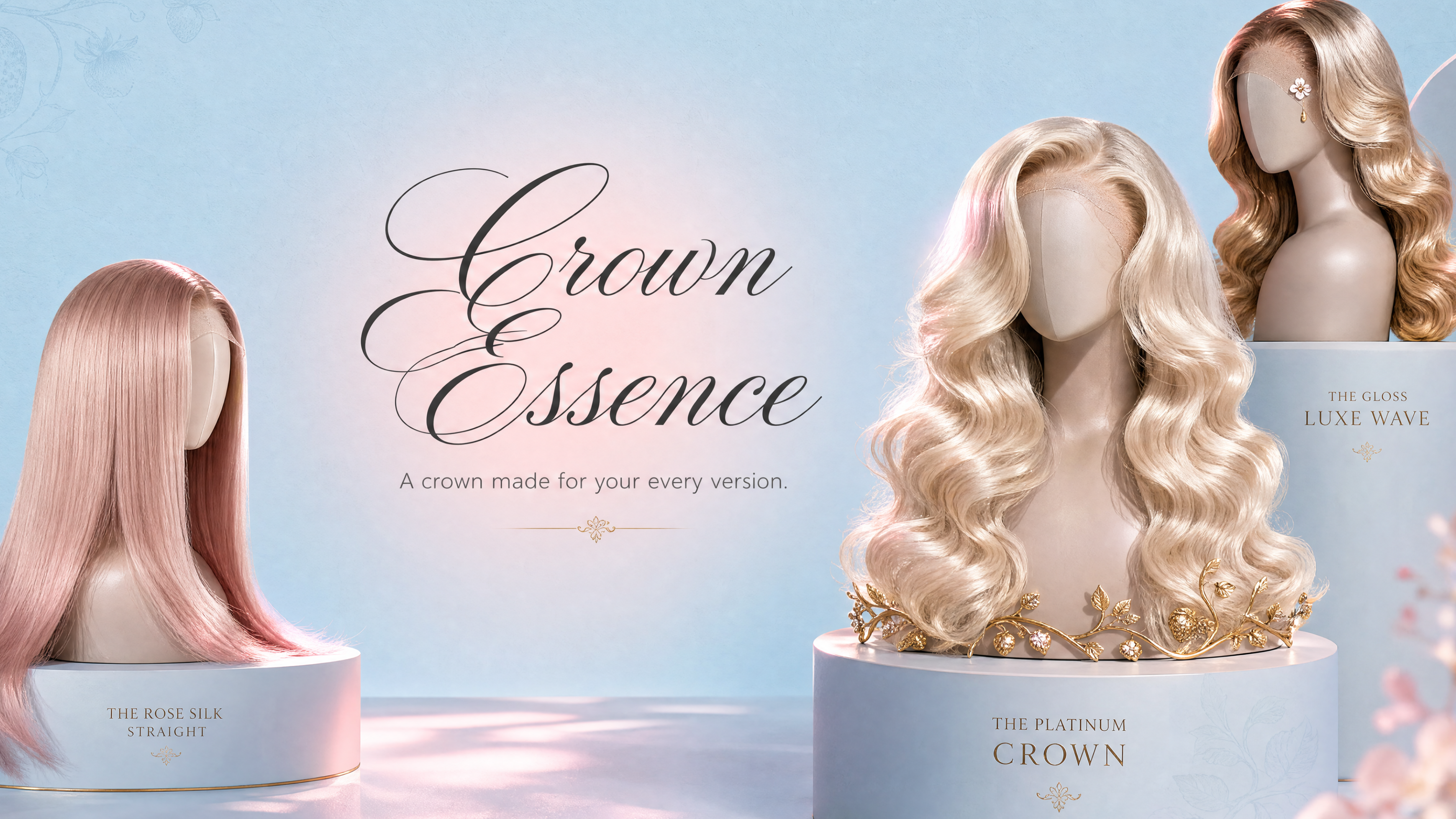 Three wigs on mannequin heads with 'Crown Essence' branding against a light blue background.